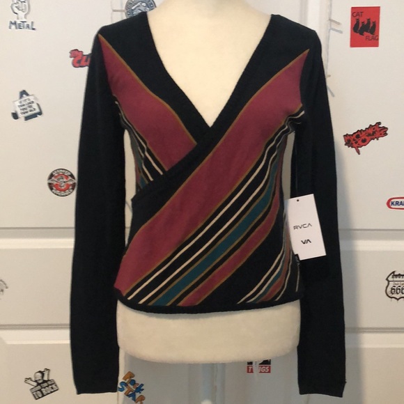 RVCA | Sweaters | Rvca Tilted Black Multicolor Stripe Surplice Sweater ...